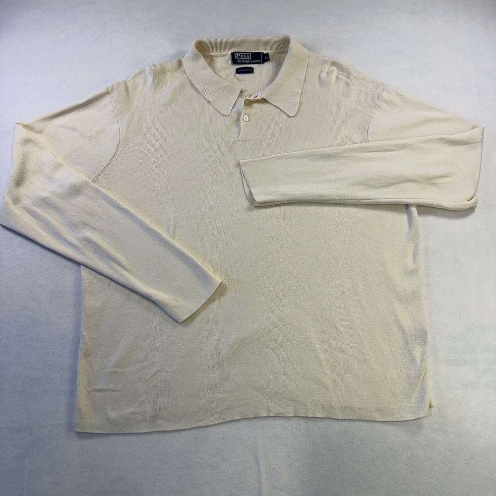 Polo Ralph Lauren Men XL Cream 100% Pima Cotton Long Sleeve Knit Polo Sweater